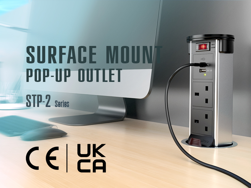 STP-2 series surface mount pop-up outlets have obtained UKCA (UK Conformity Assessed) and CE (Conformity Européenne) mark certification