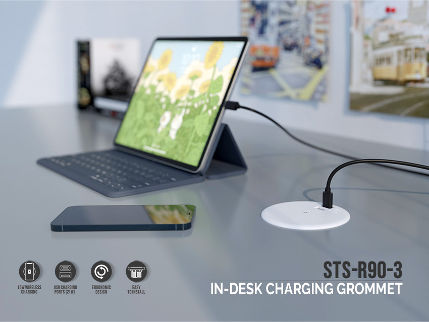 STS-R90-3 In-Desk Charging Grommet: Functional and productivity-enhancing desk accessories.